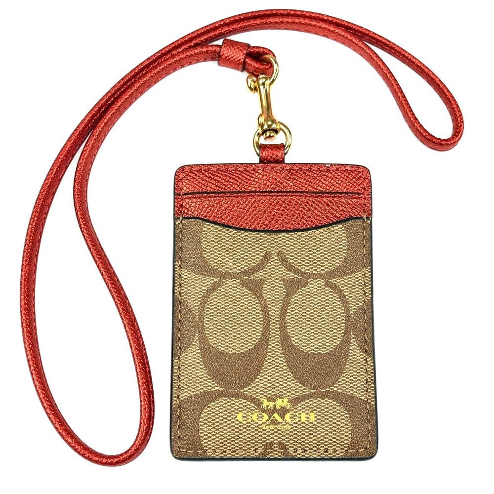 Coach Signature ID Badge Holder Lanyard Khaki Metallic Red Leather Card Case